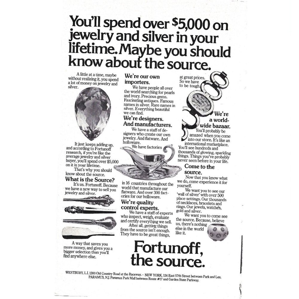Fortunoff the Source New York City  1970s Vintage Print Ad 9 inch N